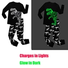 Световой пижамы светятся в темноте пижамные комплекты для мальчиков и девочек Футболка-динозавр штаны Пижама Костюм осень-зима с текстильной отделкой из хлопка; Черные Рождественская Пижама