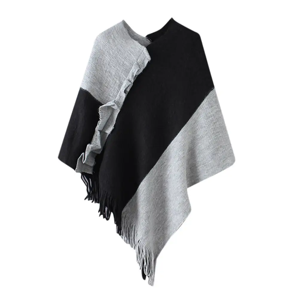 Зимний плащ Для женщин вязаный пэчворк Накидки с отложным воротником рюшами