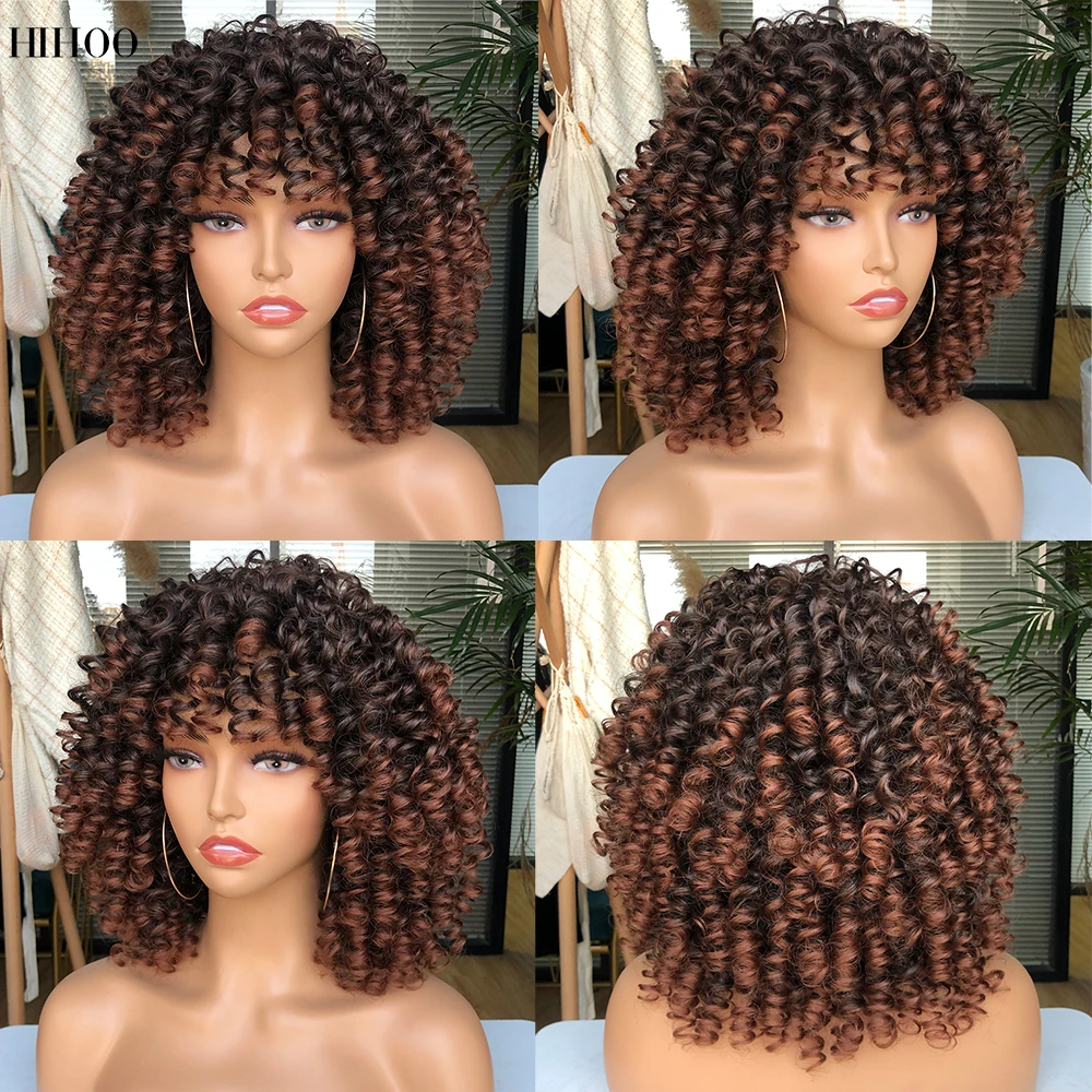 Afro Kinky Curly Wig With Bangs Short Synthetic Wigs For Black Women Omber Brown Blonde Glueless Cosplay Hair High Temperature