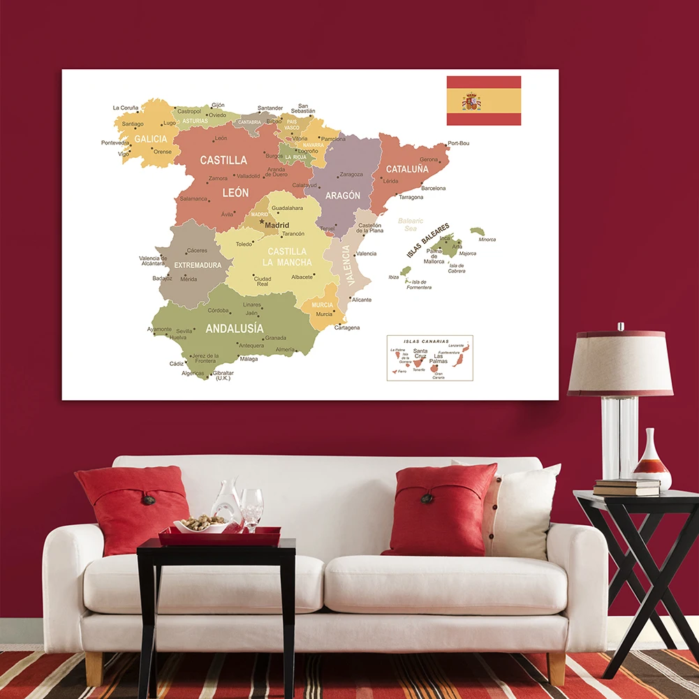 Большая картина из нетканого полотна с картой Испании 225*150 см украшение для дома
