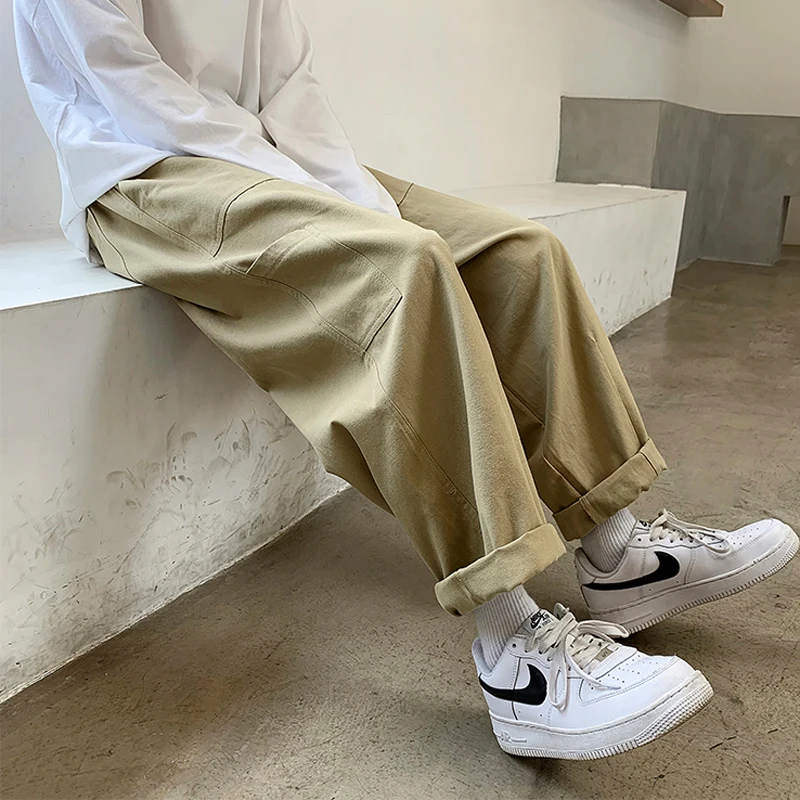 

Hzirip Oversize Pants 2021 Autumn Overalls Men Loose Straight-Leg Casual Pocket Trousers Hot Men's Nine-Point Cargo Pants