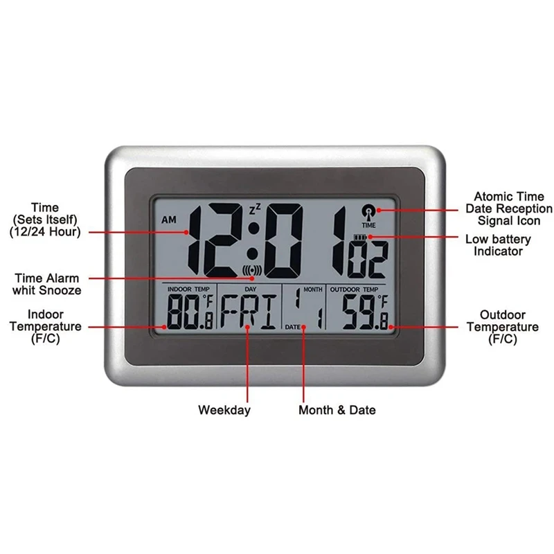 

Atomic Wall Desk Clock Large Display with Indoor Outdoor Temperature Date Calendar Digital Alarm Clock for Kitchen