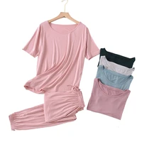 solid color pyjamas women short sleeve sleep top pants modal pajamas two piece sets female sleepwear casual plus size homewear