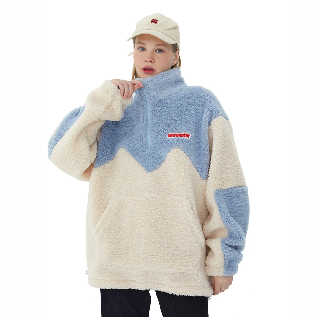 ATSUNSET Stitching Lambswool Hooded Cotton Coat Thick Warm Harajuku Winter Jacket High Street Streetwear