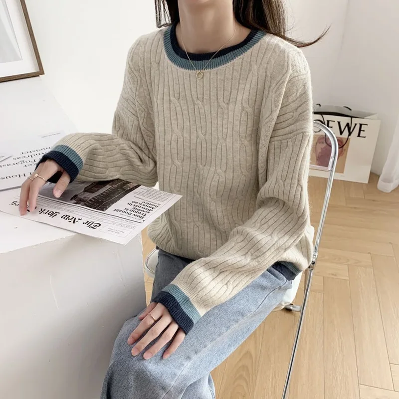 Autumn Winter Vintage Loose Striped Patchwork Knitted Sweaters Women Casual O Neck Thick Twist Pullover Female Chic Jumper Tops