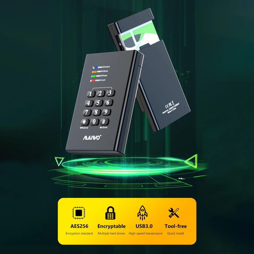 

MAIWO Password External Hard Drive Enclosure 2TB HD Data Encrypted Storage Box SATA I/II/III SSD USB3.0 Computer Accessory