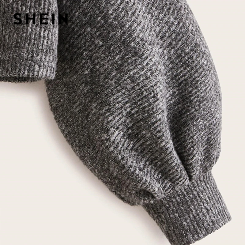 SHEIN серый топ с вырезом лодочкой в рубчик, повседневный Топ, Женский Осенний топ с высокой улицей, с рукавом Бишоп, офисные женские базовые футболки