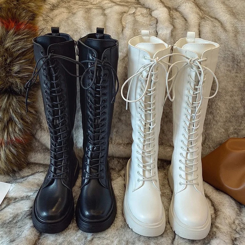 

2020 Winter Knee Boots Women Black Gothic Shoes Warm Plush Boots Square Heels Leather Knee High Boots Women White Combat Boots