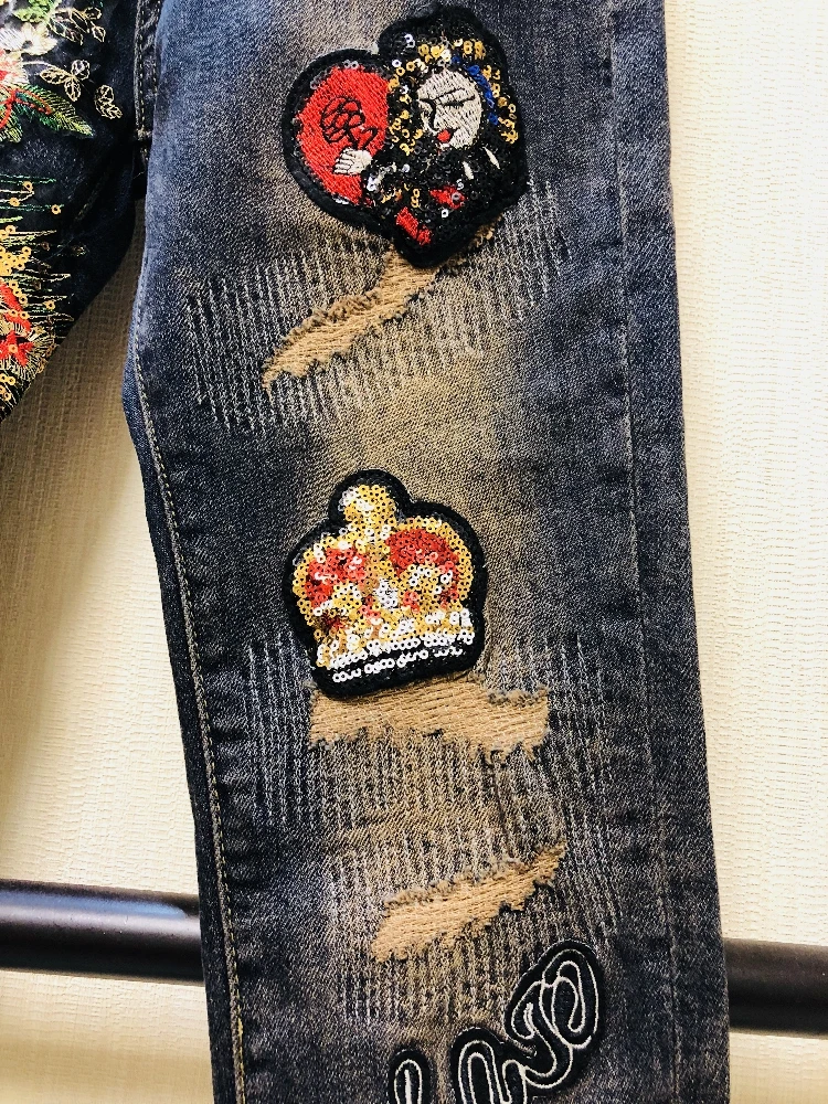 Новые осенние модные джинсовые брюки с вышивкой Феникса облегающие Женские