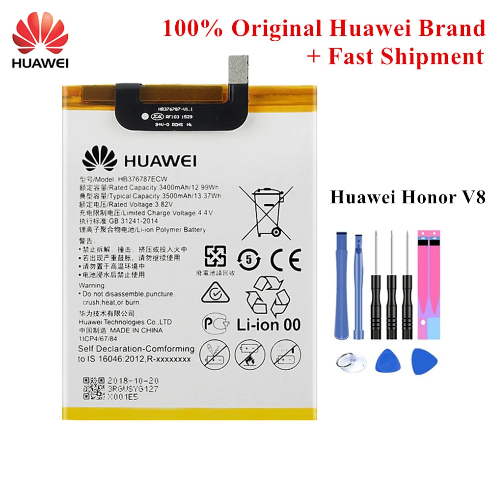 100% oryginalna bateria HB376787ECW dla Huawei honor V8 telefon komórkowy bateria do 3400/3500mAh Akku z bezpłatnych narzędzi