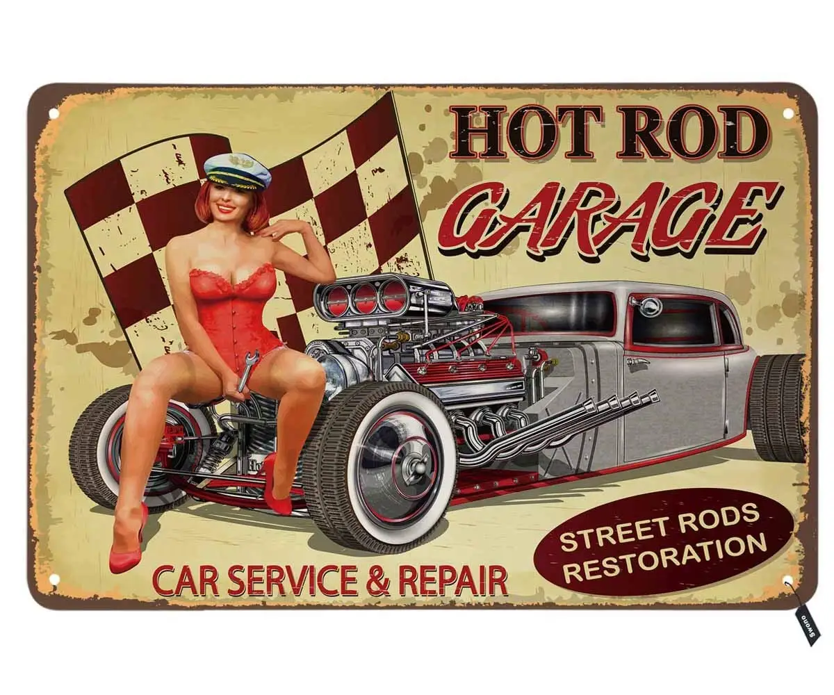 

Hot Rod Garage cartel signos chica Sexy sentarse en la del coche de Metal Vintage signo para los hombres las mujeres de la pared