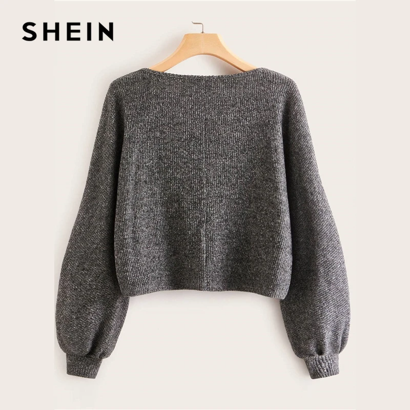 SHEIN серый топ с вырезом лодочкой в рубчик, повседневный Топ, Женский Осенний топ с высокой улицей, с рукавом Бишоп, офисные женские базовые футболки