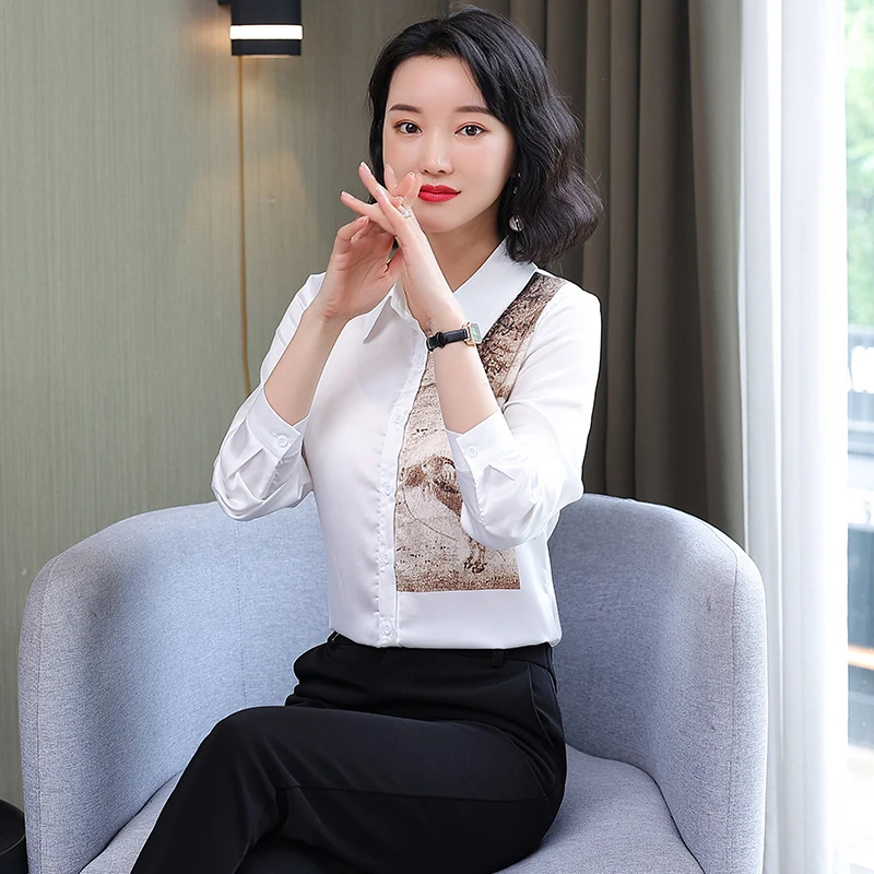 

Шелковые атласные свободные женские рубашки, новые модные блузки, повседневные рубашки с длинным рукавом, рубашка-поло с принтом, весенняя ...