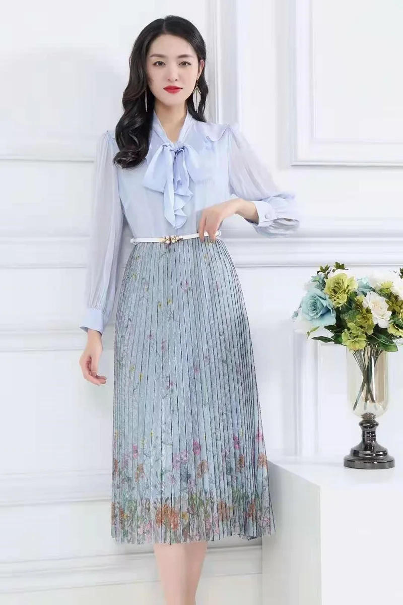 

Elegant Bow Tie Dress 2021 Spring Summer Party Vestidos Special Occasion Women Beading Belt Long Sleeve Pleated Dress Pink Blue