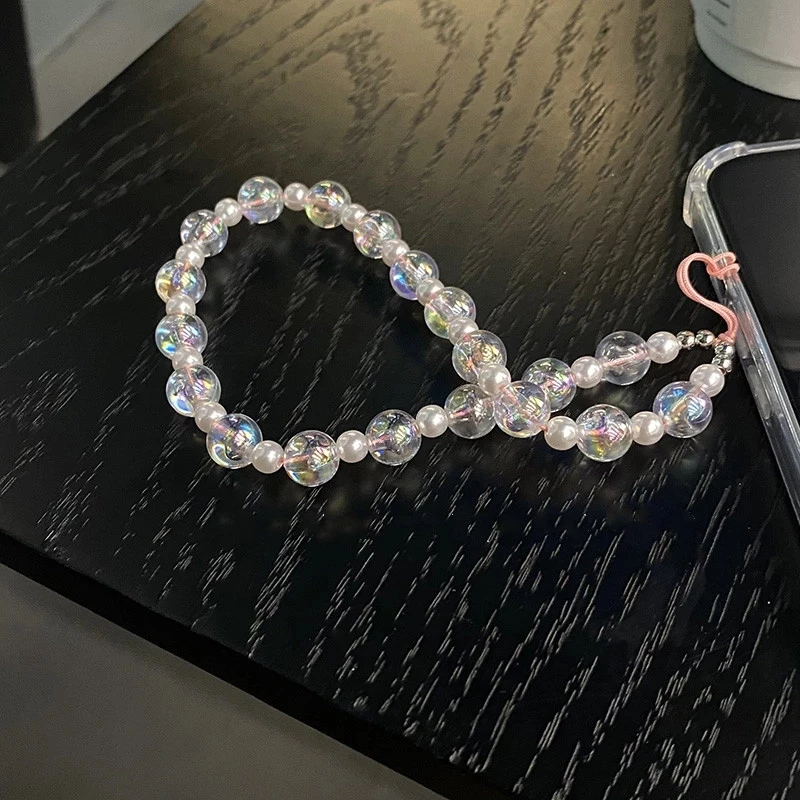 2021 New Transparent Heart Round Beads Imitation Pearl Beaded Mobile Phone Chain Lanyard for Women Anti-lost Accessories |