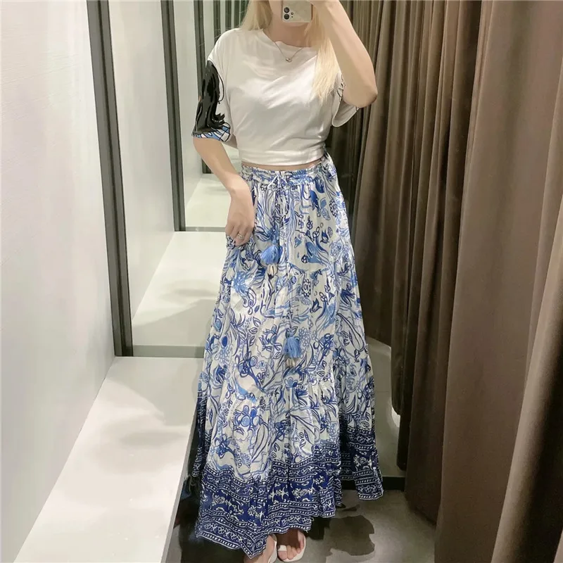 

TRAF Women Skirt Za Blue Print Long Skirts Woman High Waist A Line Skirt Vintage Boho Beach Skirt Ruffle Ruched Summer Skirts