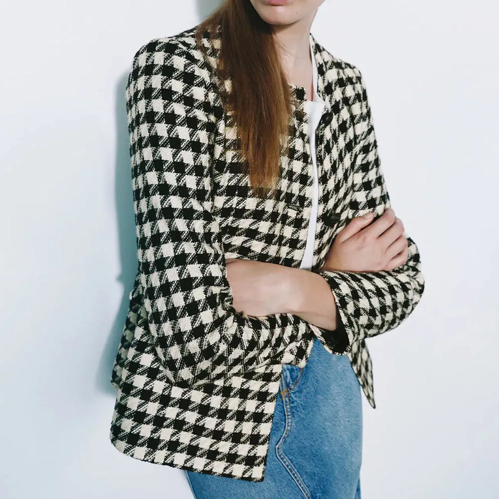 

Za Women 2021 Autumn New Fashion Houndstooth Casual Blazer Coat Vintage Long Sleeve Pockets Female Outerwear Chic