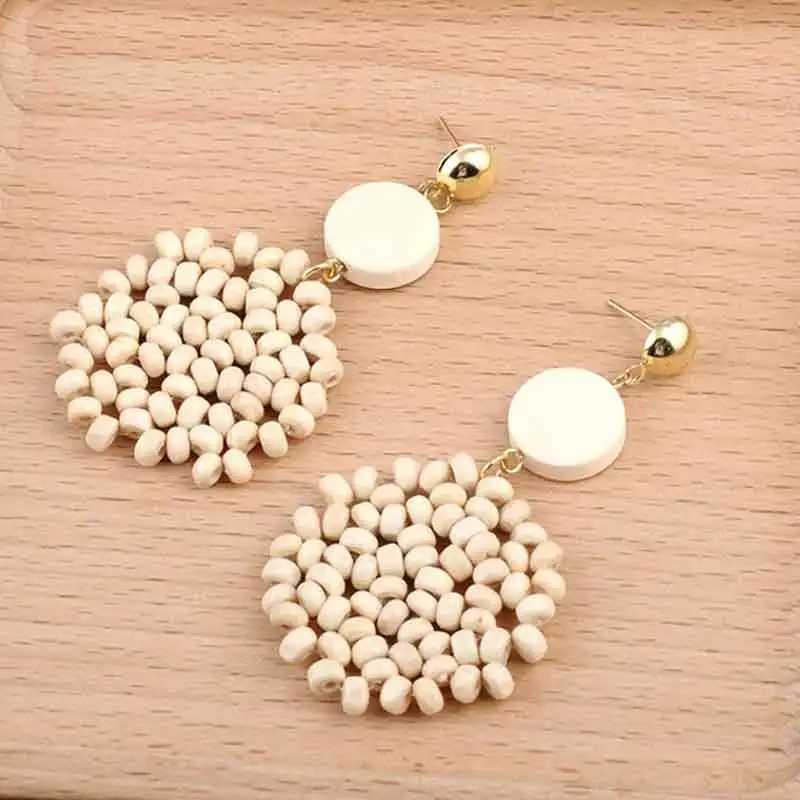 BEIGE Корейский ручной работы Желтый Деревянный Висячие серьги для женщин геометрический симпме круглые длинные серьги с каплями ювелирные изделия аксессуар - Окраска металла: BEIGE