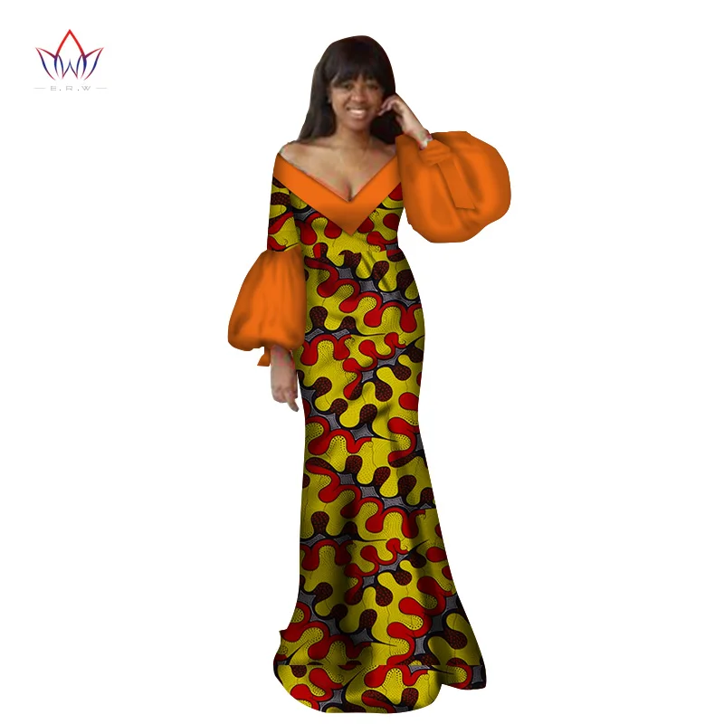 2020 Autumn Traditional African Clothing Dashiki Floor-length African V-neck Dresses For Women Full Sleeve None 6xl BRW WY2368