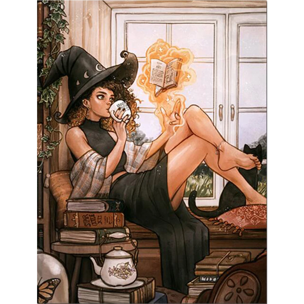 

Алмазная живопись, наборы для вышивки крестиком, мультяшная ведьма 5D, «сделай сам», полная квадратная круглая вышивка, украшение для дома, и...