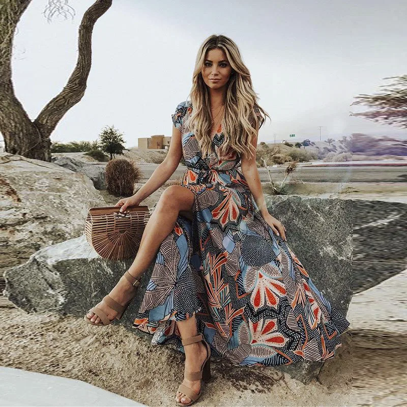 

DaDa Women's Fashion Temperament V-neck Short Sleeve Printed Dress