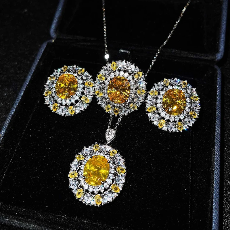 

Luxury Oval Jewelry Set Inlay Yellow/White Zircon Fine Piercing Earrings Elegant Pendant Necklace For Women Wedding Eternal Ring