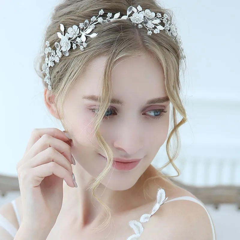 

Fashion Silver Color Floral Bridal Headband Tiara Crystal Wedding Hair Vine Crown Handmade Women Headpiece Accessories