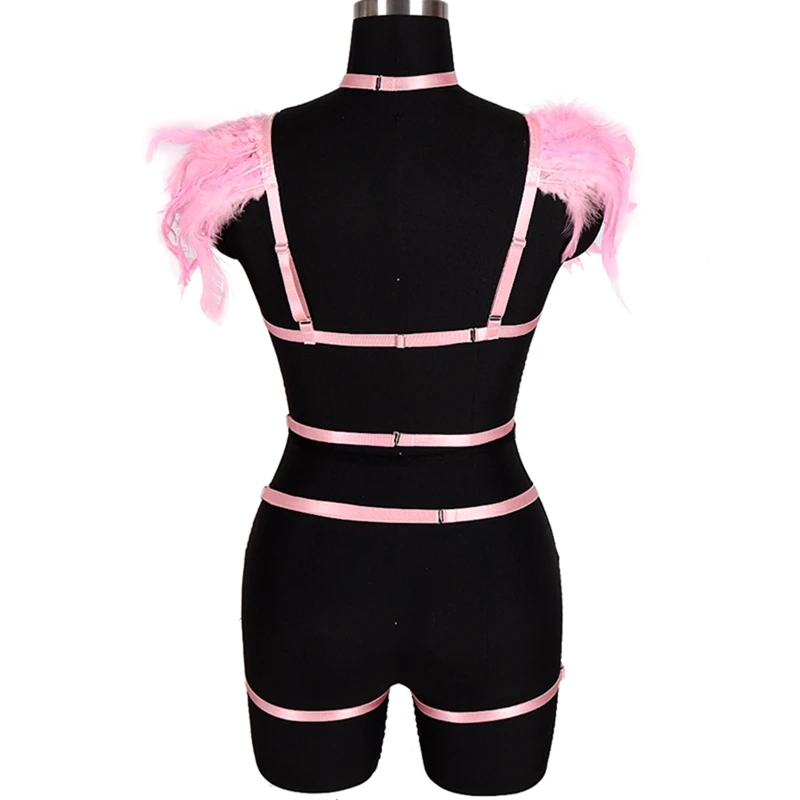 Womens Feather Epaulettes Goth Steampunk Shoulder Wings Sexy Lingerie Set Full Body Harness BurningMan Club Festival Rave Wear