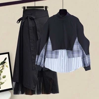 2021 womens british style stand up collar contrast asymmetric patchwork black plaid sweatshirt top loose ladies two piece skirt