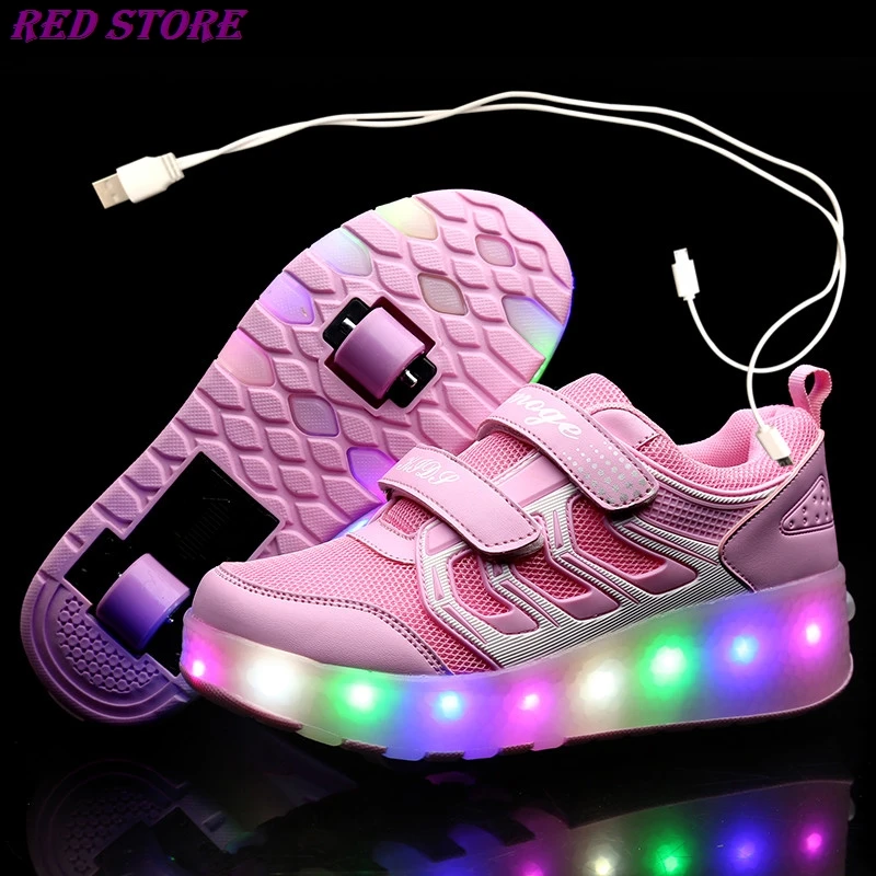 

Sneakers Kds Shoes USB Charging Fashion Girls Boys LED Light Roller Skate Shoes For Children Kids Sneakers With Wheels Two