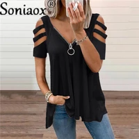 women loose t shirt sexy zipper v neck collar solid color hollow out long sleeve fold casual tops harajuku street ladies t shirt