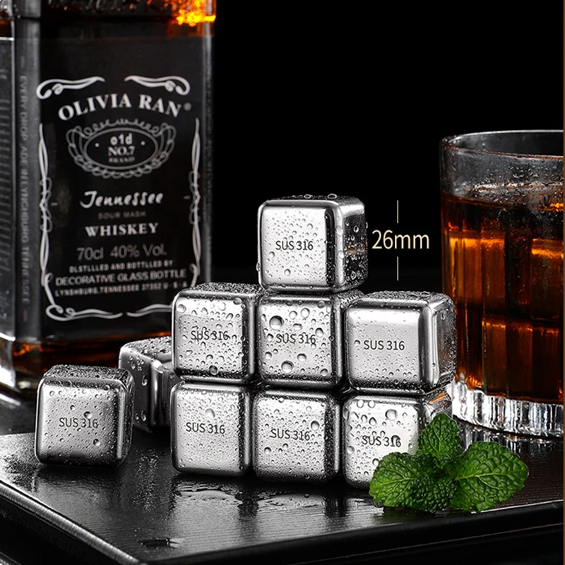 

Food Grade 316 Stainless Steel Ice Cubes Reusable Chilling Stones for Whiskey Wine Fast Cooling Cold Longer Drinking Tools Set