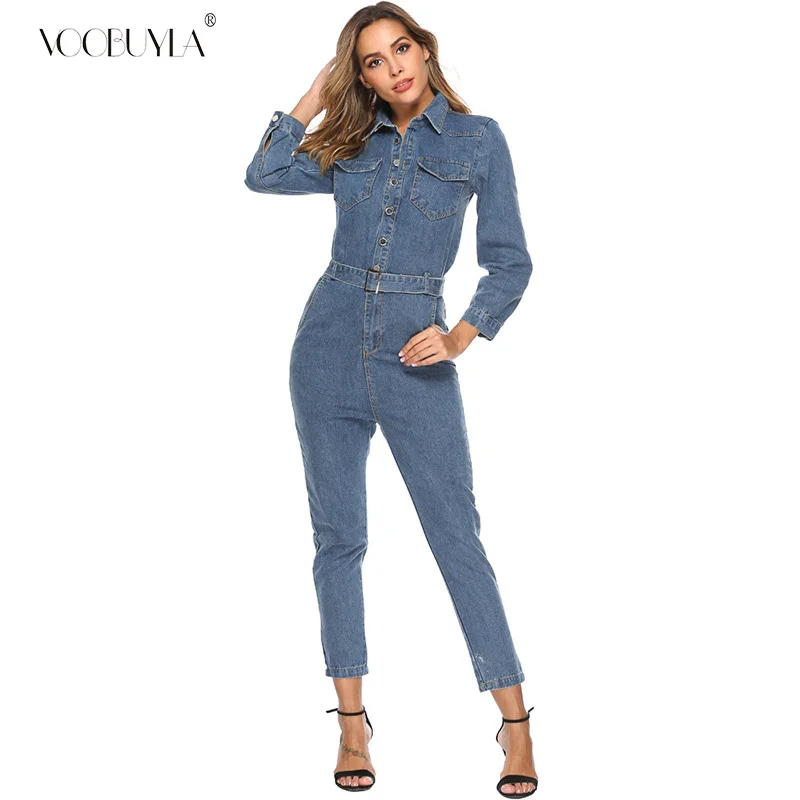 Женский джинсовый комбинезон с высокой талией синий элегантный в уличном стиле