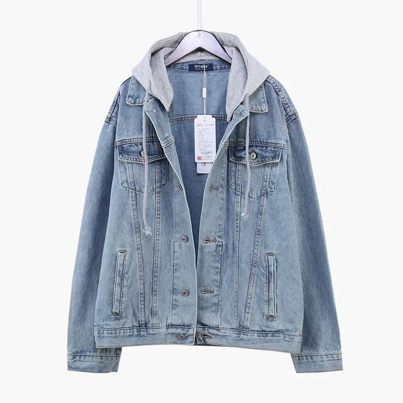 

Japanese Style Women Cute Cat Embroidered Denim Jackets Autumn Long Sleeve Loose Oversize Coats Patchwork Hooded Jeans Jacket
