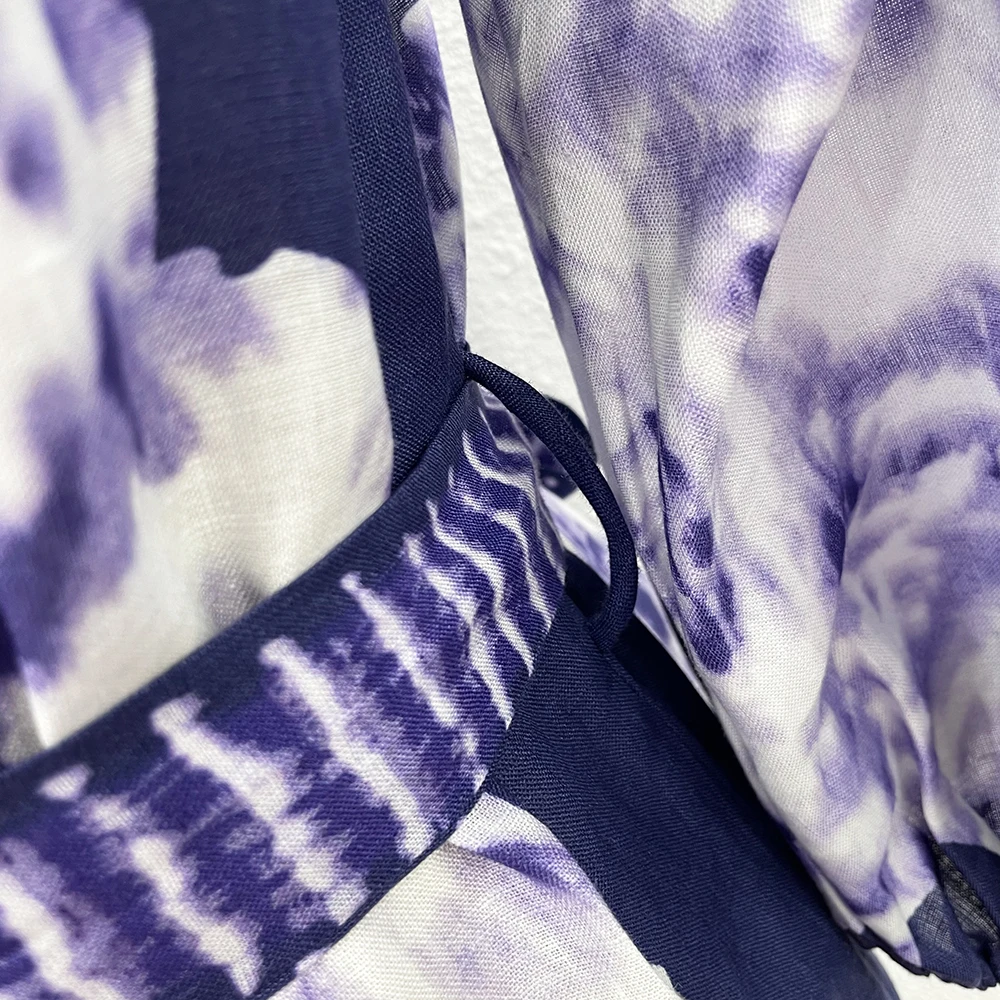 

2021 Summer New Linen Printed Lantern Long Sleeve Slit Dress