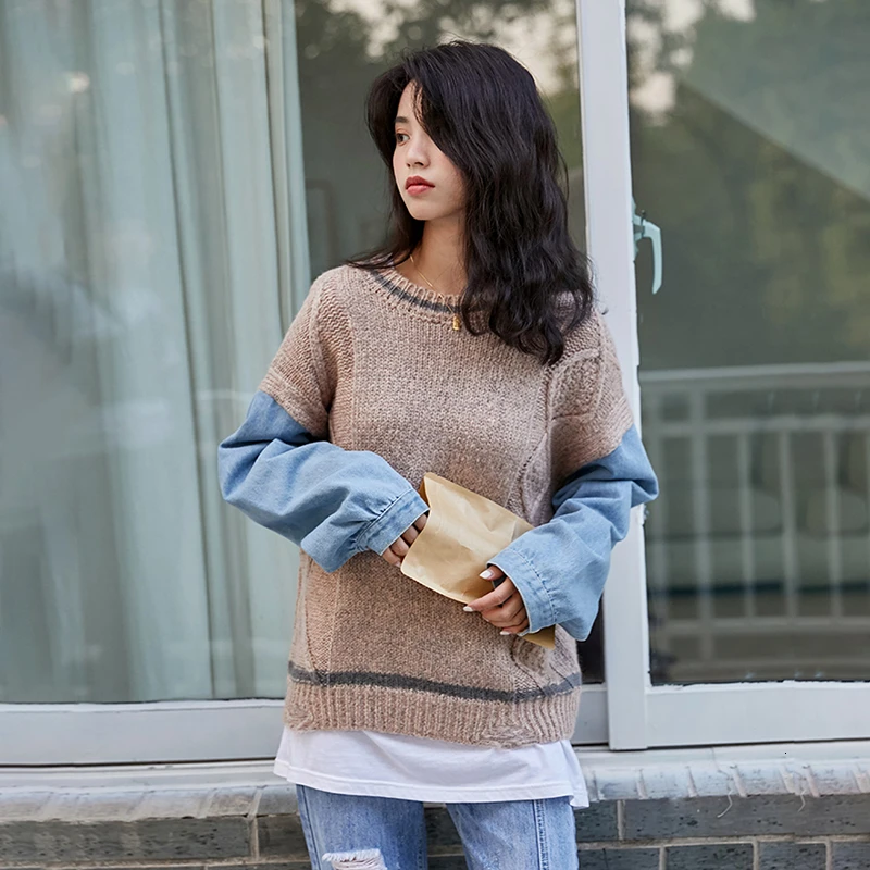 GALCAUR Patchwork Denim Women's Sweaters Long Sleeve O Neck Hit Color Oversized Female Sweater 2020 Autumn Winter Fashion New | Женская