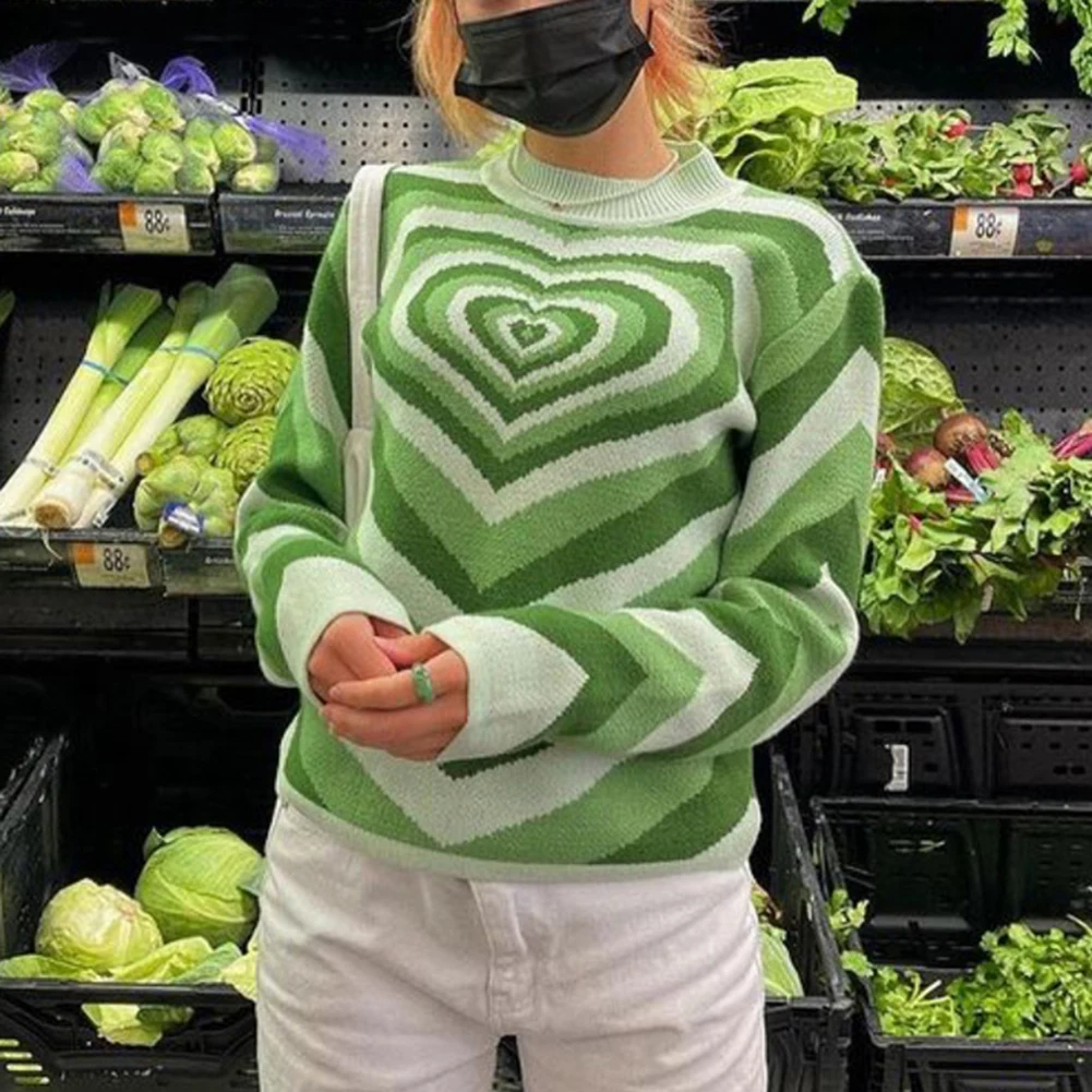 Женский трикотажный свитер Y2K пуловеры в полоску с сердечками для девочек Милый