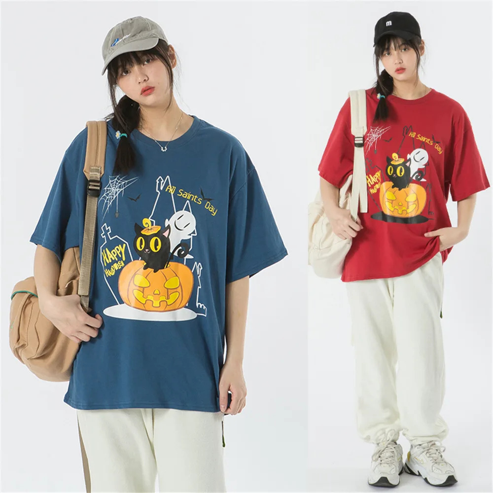 

Men's T-shirt Halloween Pumpkin Black Cat Printed Summer Short Sleeve Tee Cotton Casual Harajuku Streetwear Top Tshirts Clothing