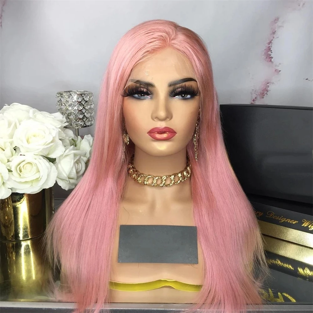 

Light Pink Colored Straight Synthetic Hair Lace Front Wig For Women with Babyhair Cosplay Fiber 180%Density Glueless Wigs