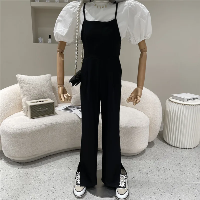 

Two piece set Women's Spring Summer 2021 Fashion Loose strap wide leg pants + round neck bubble sleeve shirt