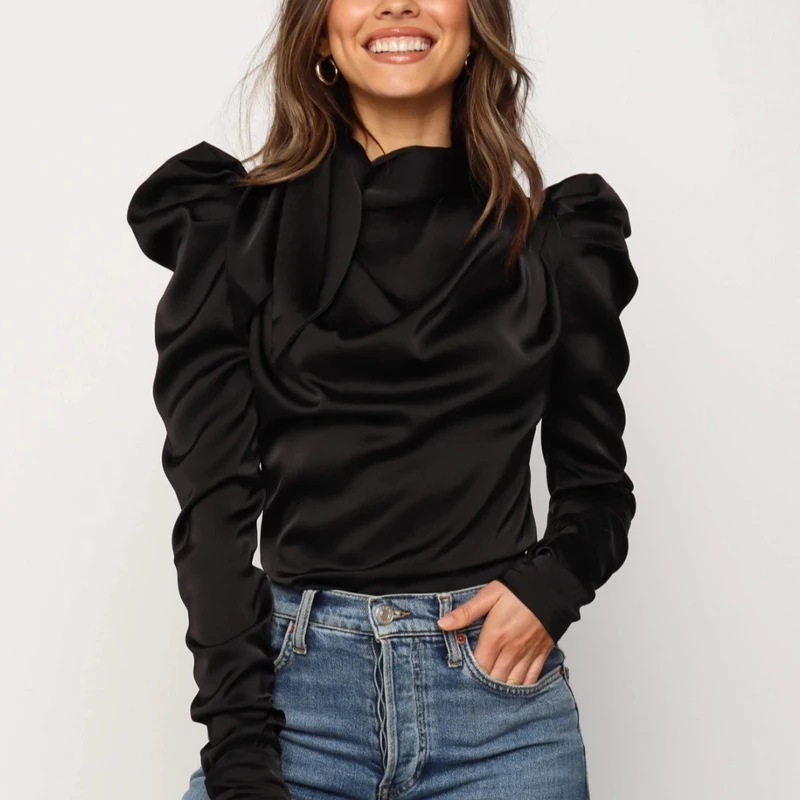 

2021 Solid Shirt Women Satin Bow Neck Long Sleeve Elegant Blouse Tops Office Lady Shirt Female Autumn Base Tops Clothing Blusas
