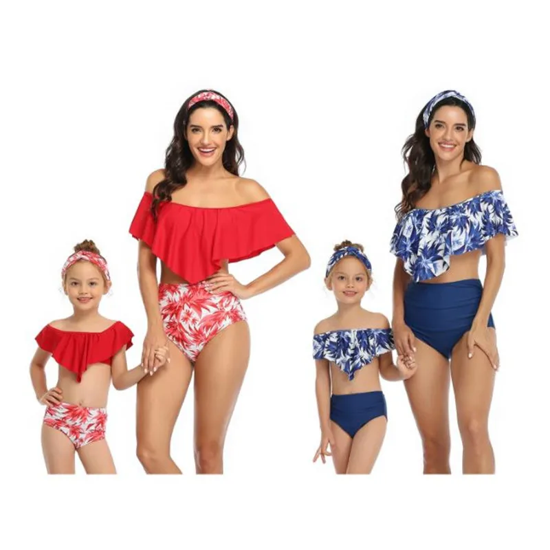 

2Pcs Mom Daughter Swimming Suit Swimwear Family Swimsuit Flounce Strapless Swimsuit Backless Tops Leaf Print Pantie Swimsuit