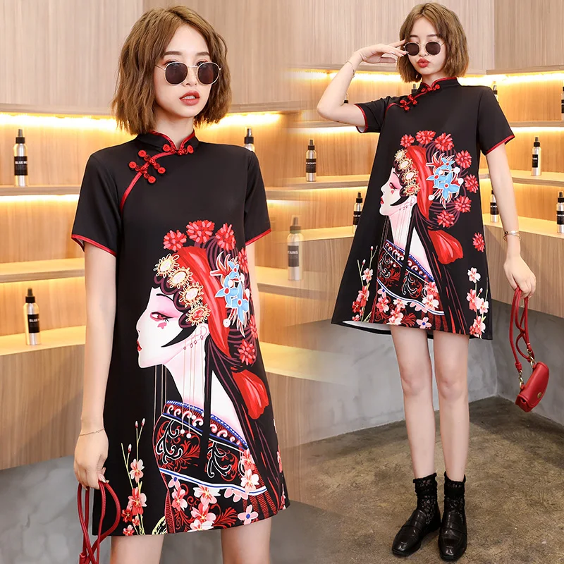 

ZN Chinese Style Improves Cheongsam Summer Black Mini Dress A-Line Mandarin Collar Fashion Dresses High Quality Female Clothing