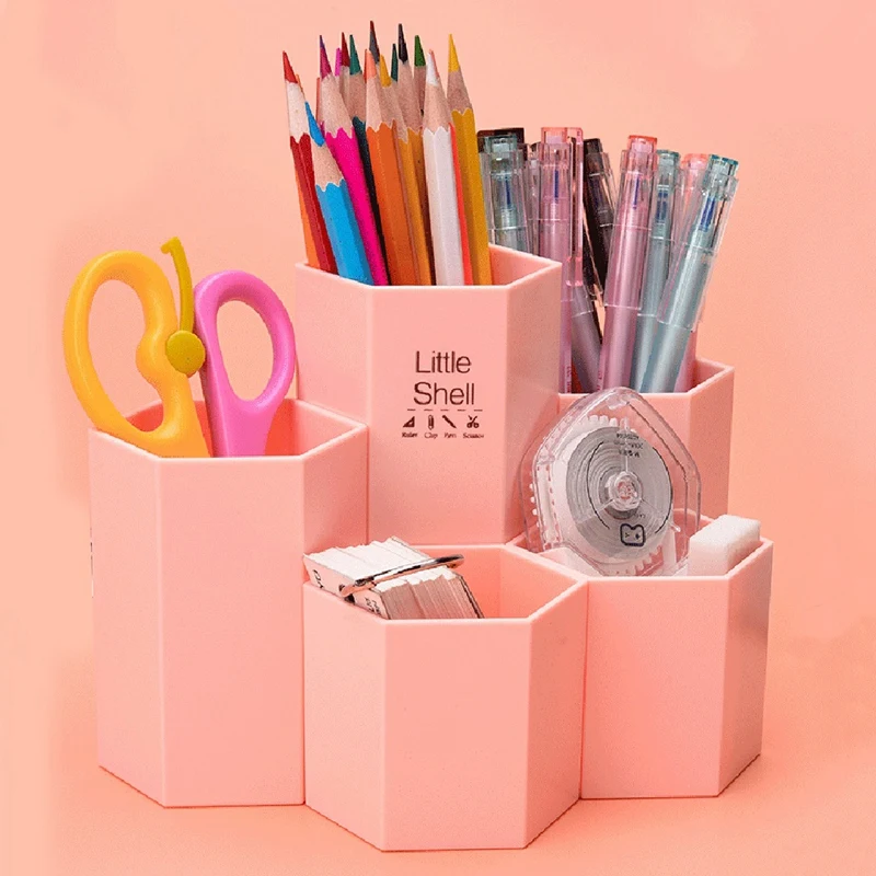 

School Office Supplies 5 in 1 embly Hexagon Plastic Pen Pencil Holder Desk Stationery Storage Container Accessories Organizer