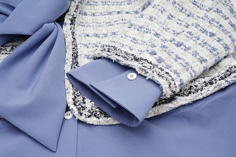 

[EAM] Loose Fit Blue Bow Big Size Fake Two Jacket New Lapel Long Sleeve Women Coat Fashion Tide Spring Autumn 2021 1DD5628