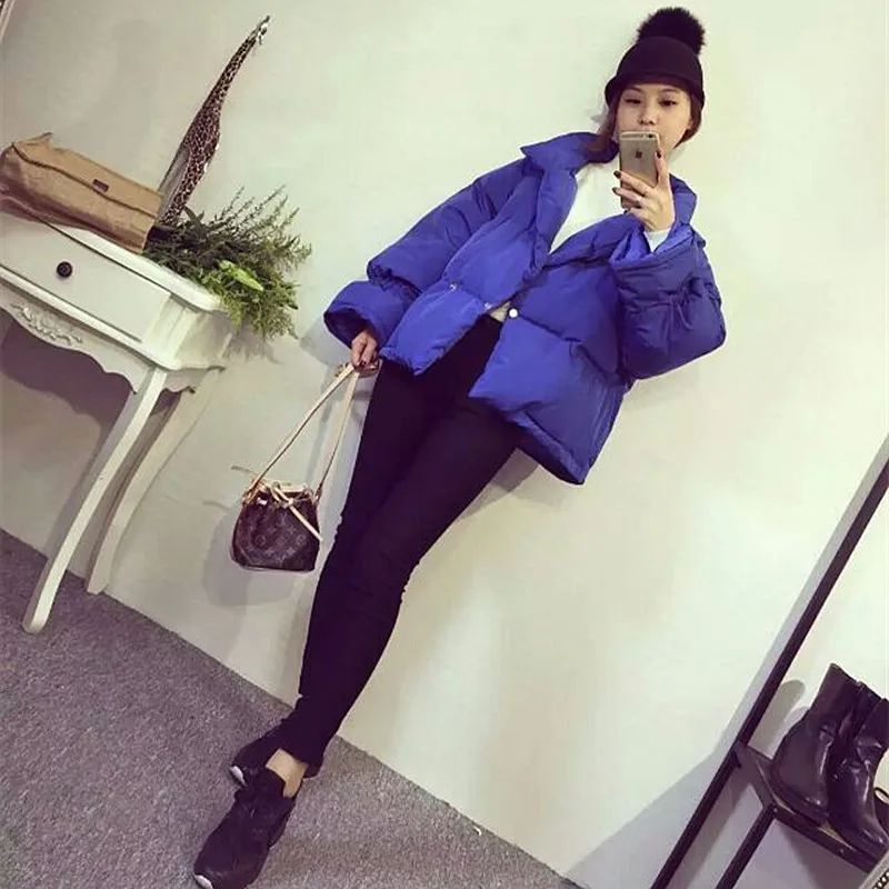 Женская зимняя коллекция 2019 куртка с воротником стойкой однотонная черная синяя