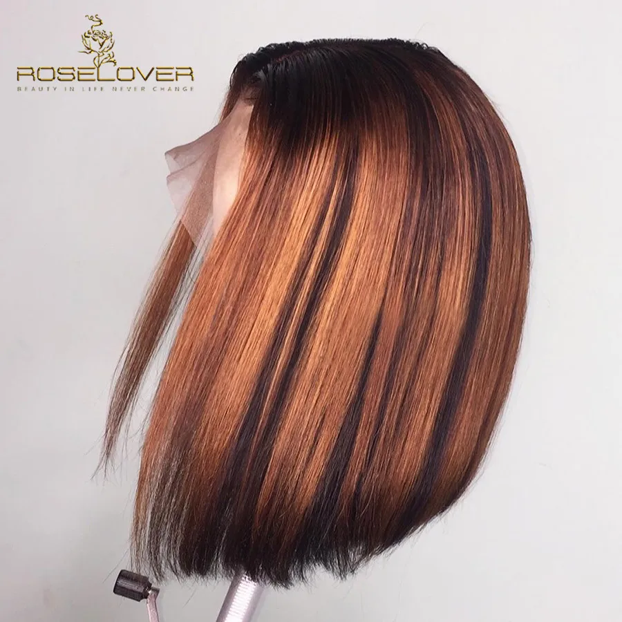 Roselover Боб 13*6 синтетические волосы на кружеве парики 8-1" 150% плотность средний коэффициент#1B/430 Ombre Preuvian Remy Предварительно выщипанные волосы