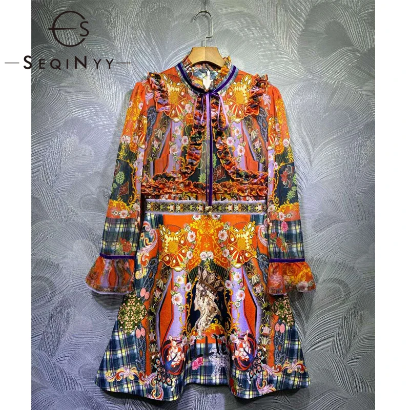 Винтажное платье SEQINYY с цветочным принтом оранжевое фиолетовое клетчатое