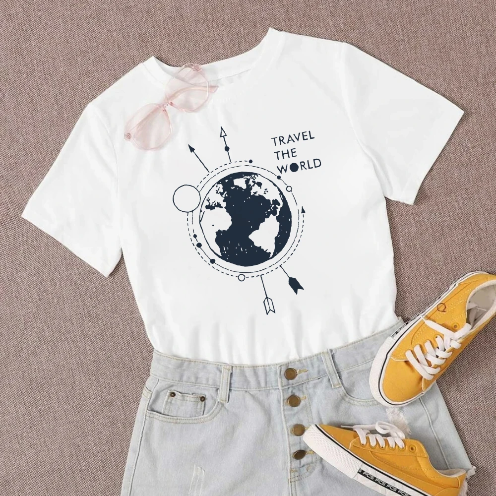 

Belief Cosmic Series Gorgeous White Tshirt Women TRAVEL THE WORLD Printed Style Design Basic T Shirt Women's Summer Top
