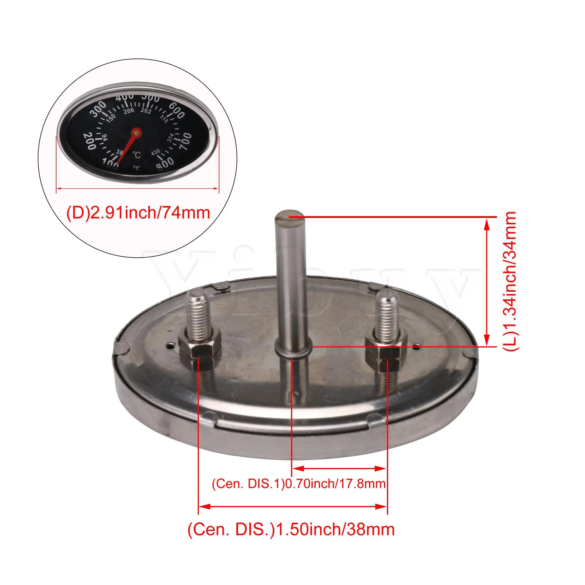 

2PCS 100-800F Barbecue Thermometer 74MM Diameter Measure Tools M5 Thread